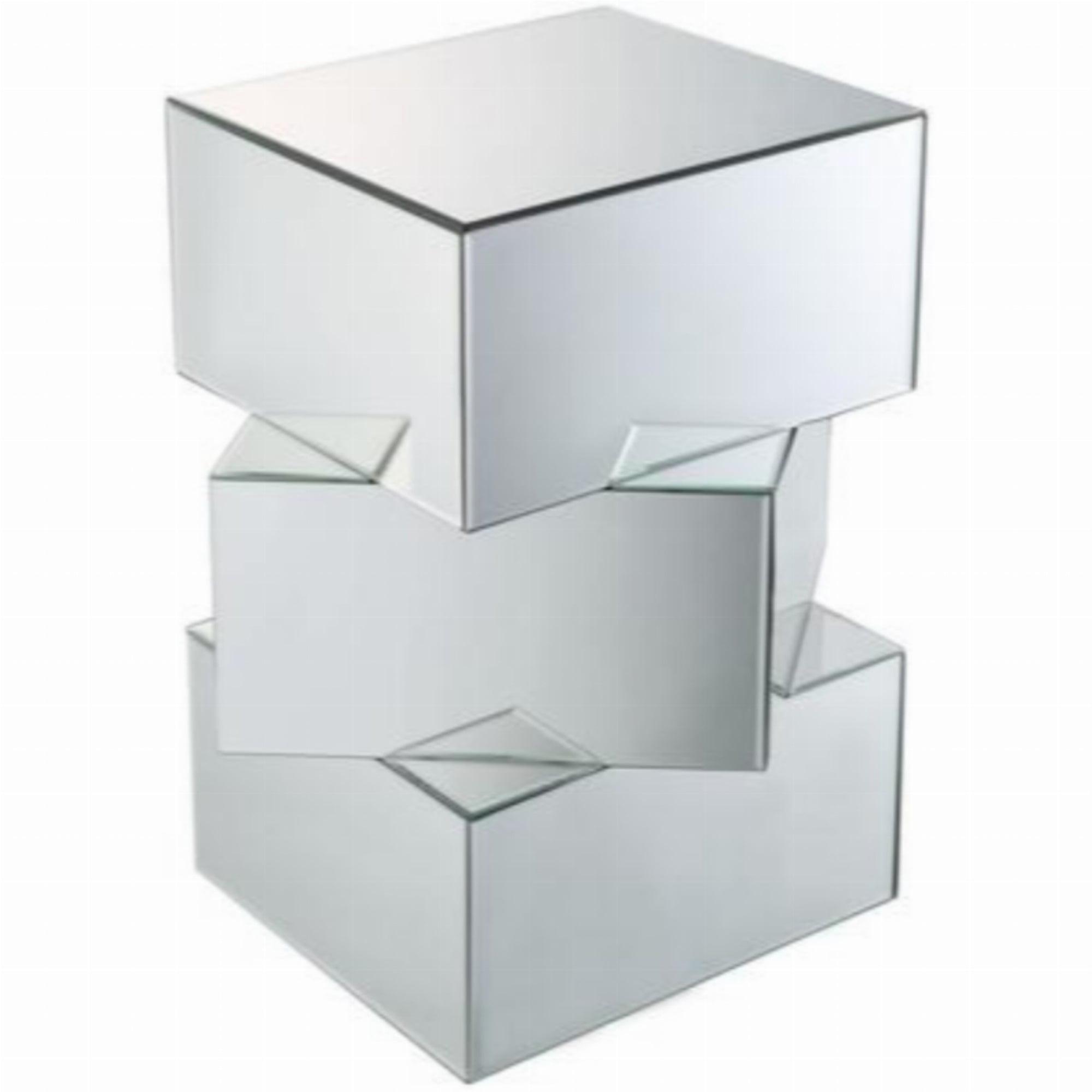 Contemporary Mirrored Glass End Table with Geometrical Wood Base