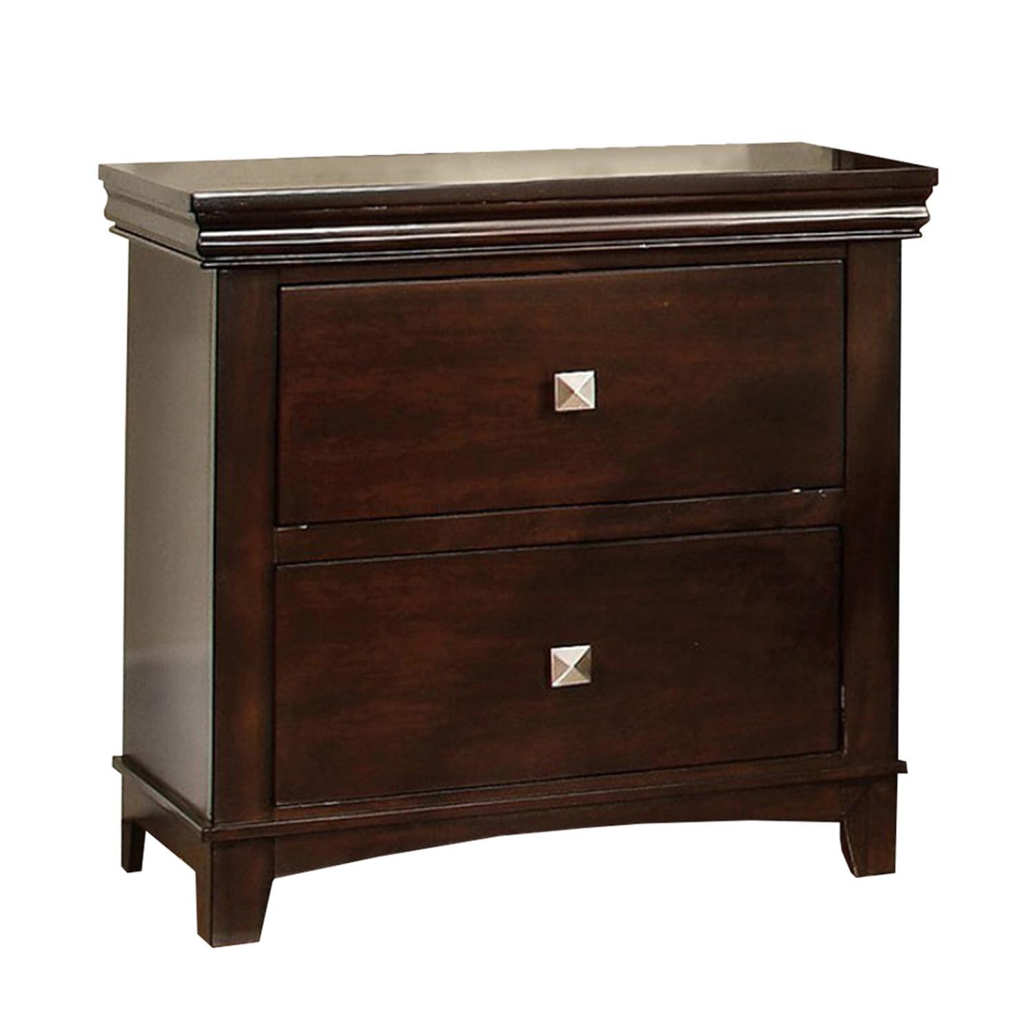 Espresso Finish Modern Nightstand with 2 Drawers and Silver Hardware