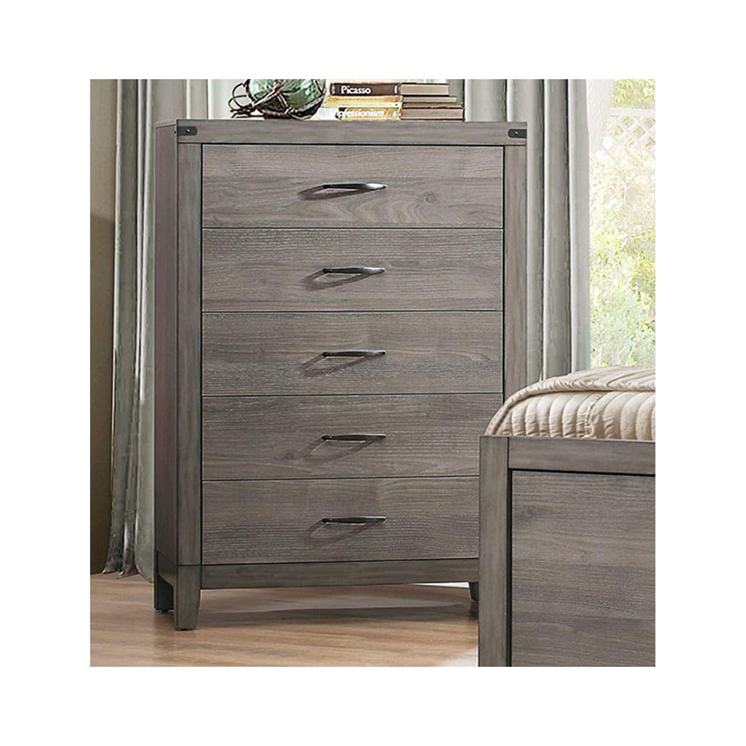 Benzara  Roomy 5 Drawer Wooden Chest with Metal Handles, Weathered Gray - 48 x 16 x 34 in.