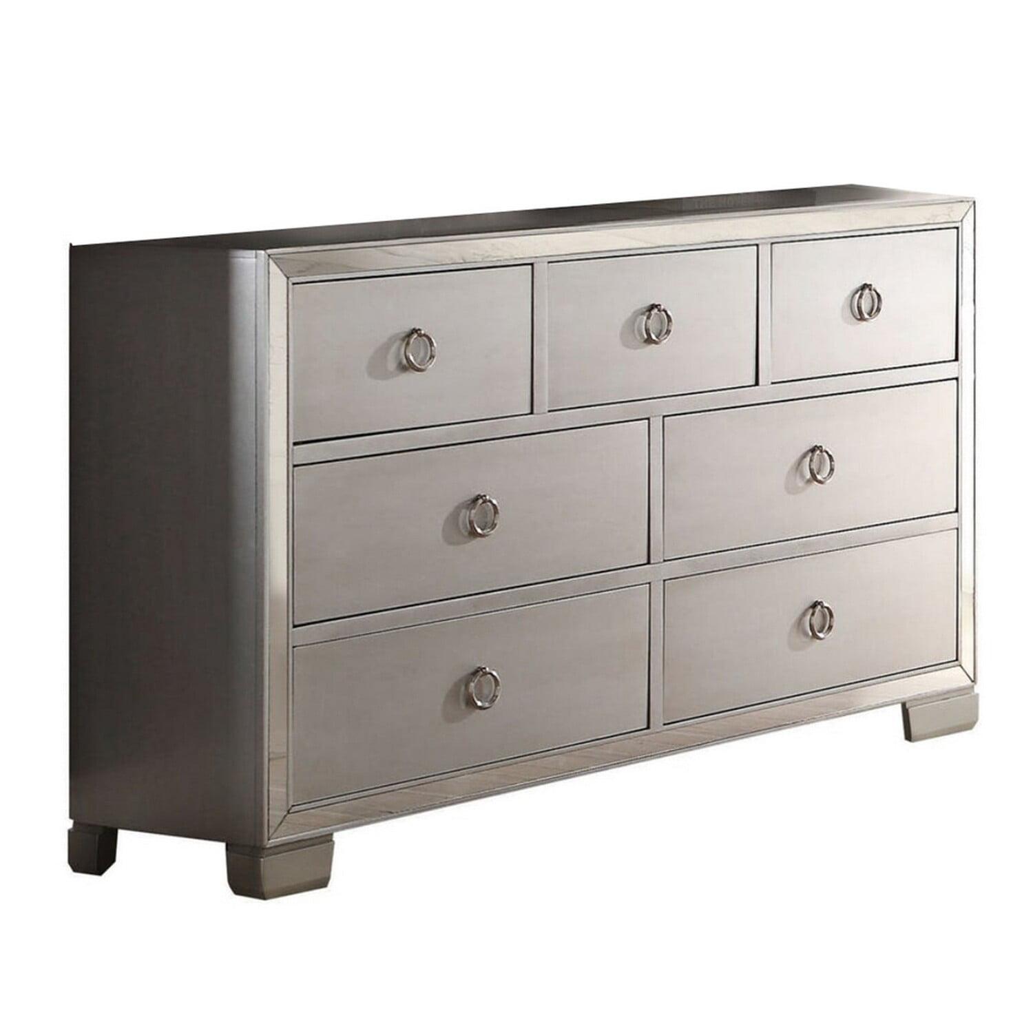 Benzara Seven Drawer Dresser With Mirror Insert Front Trim, Platinum