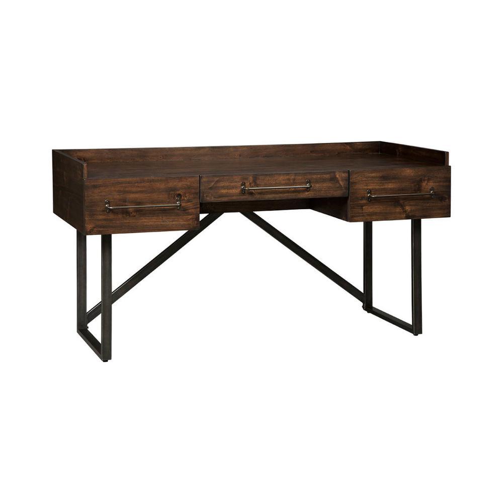 Benzara Three Drawers Wooden Desk with Tubular Metal Base and Bar Handles, Brown and Black