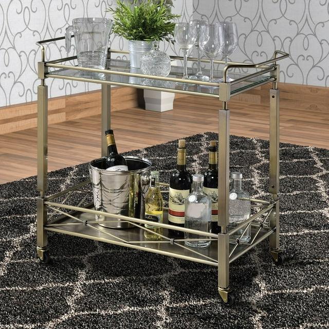 Two Tiered Metal Serving Cart with Glass Shelves and Side Rails, Antique Gold