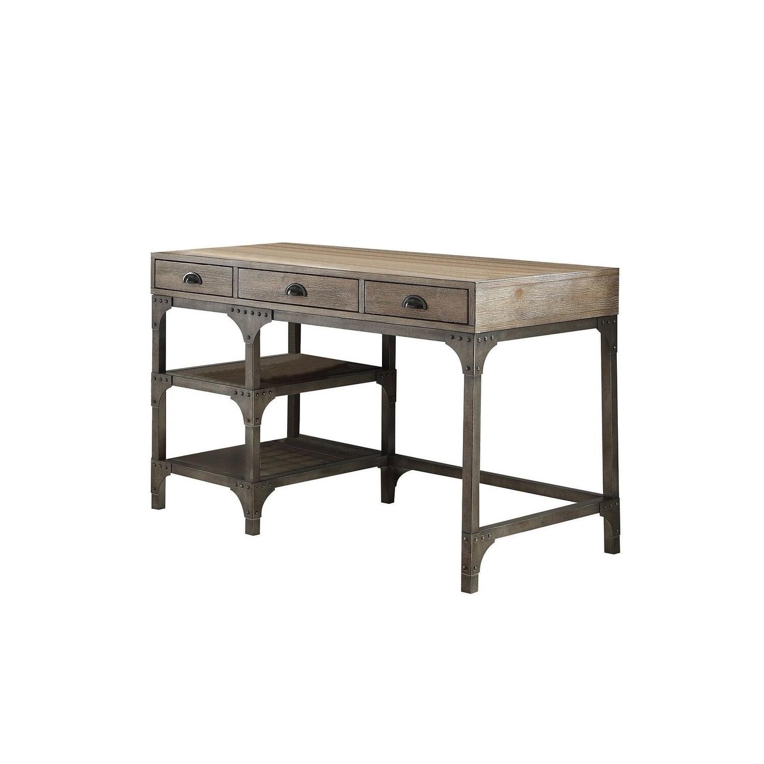 Weathered Oak Brown Industrial Desk with Storage Drawers and Shelves