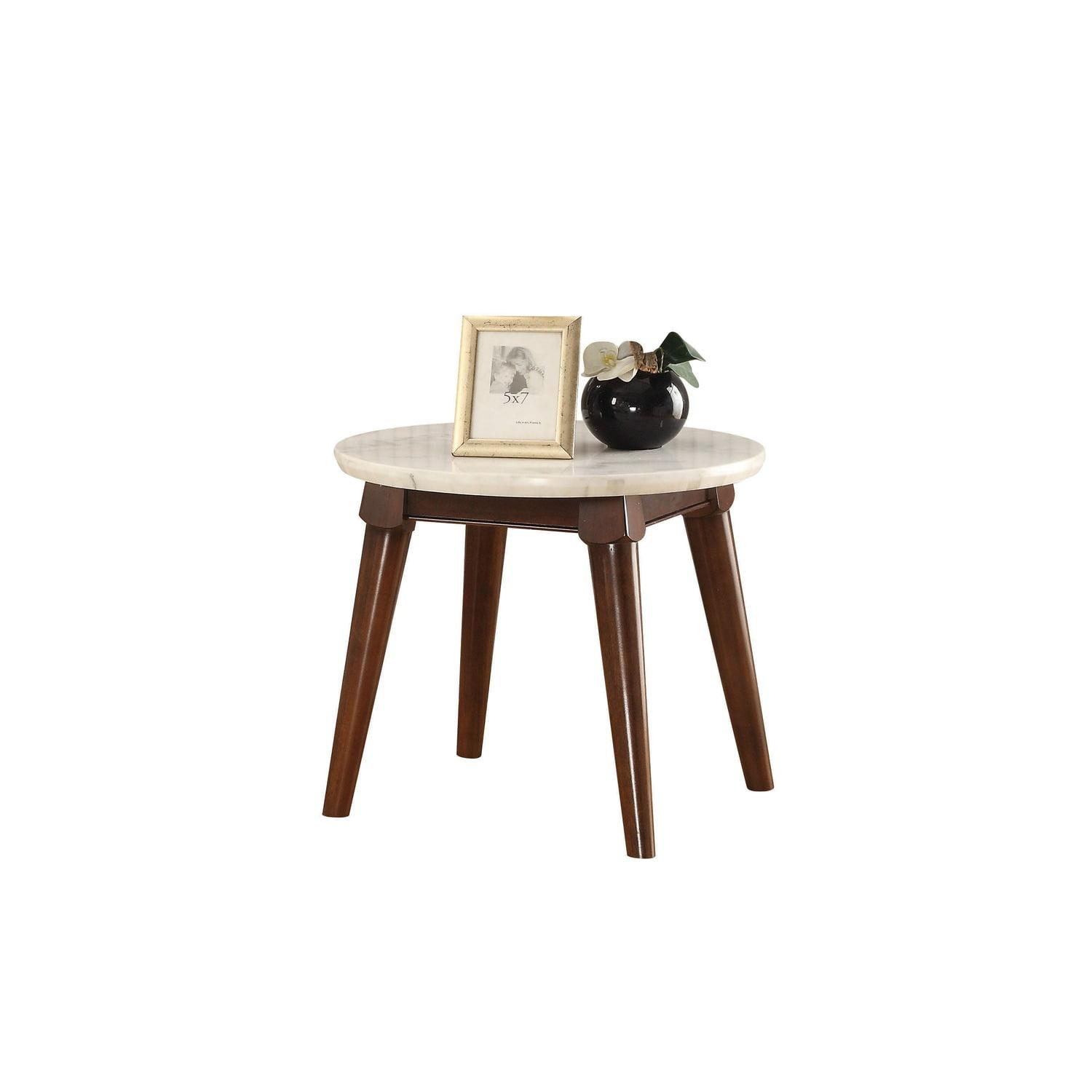 Walnut Brown Round Wood and Faux Marble End Table 24 in