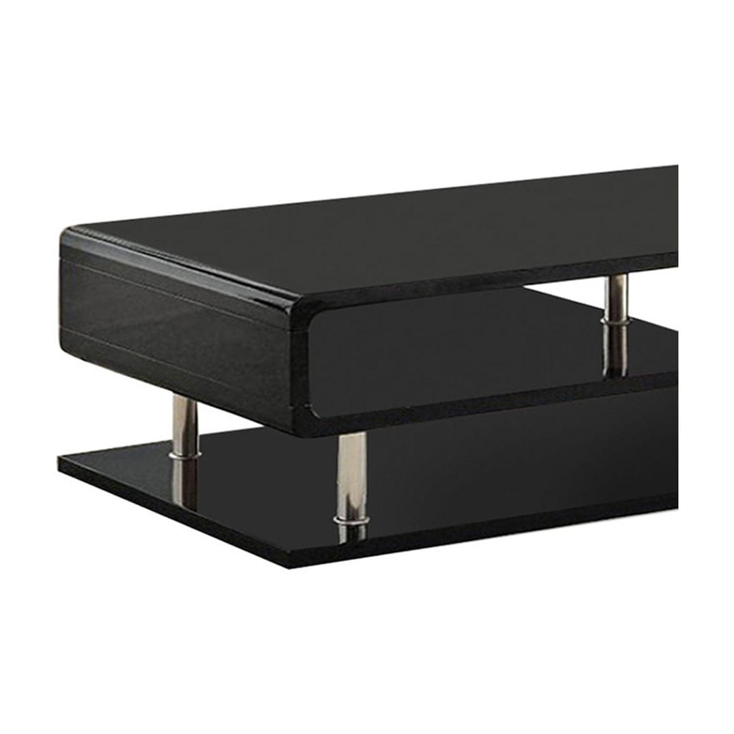 Benzara Wooden Coffee Table with Curling Shelf and Metal Poles, Black