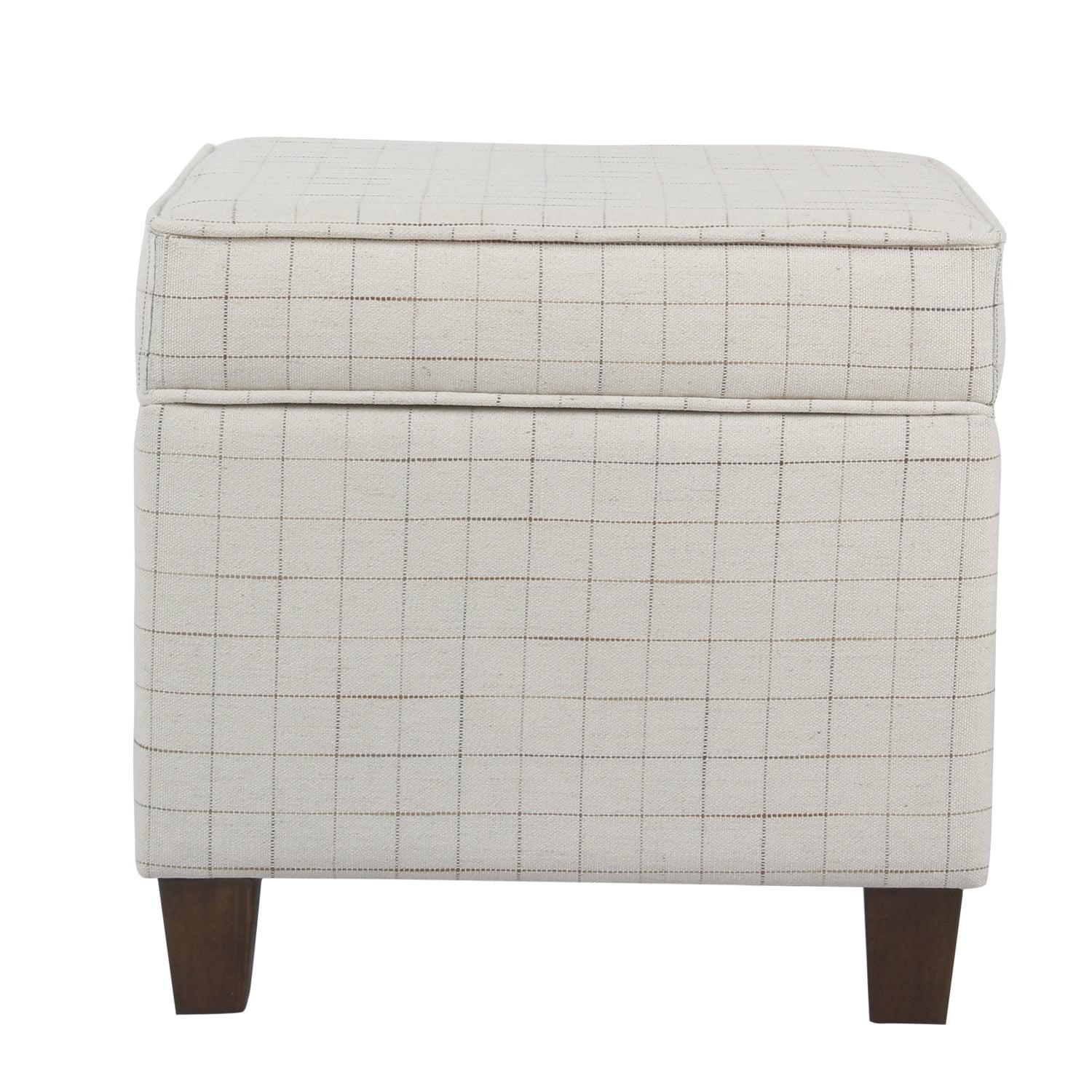 Benzara Wooden Square Ottoman with Grid Patterned Fabric Upholstery and Hidden Storage, Beige and Brown