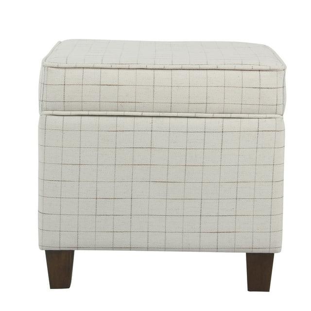 Benzara Wooden Square Ottoman with Grid Patterned Fabric Upholstery and Hidden Storage, Beige and Brown