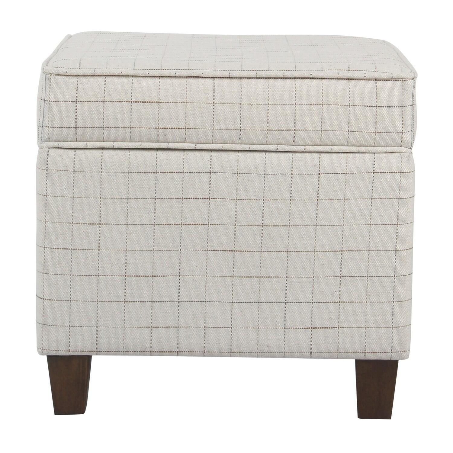 Benzara Wooden Square Ottoman with Grid Patterned Fabric Upholstery and Hidden Storage, Beige and Brown