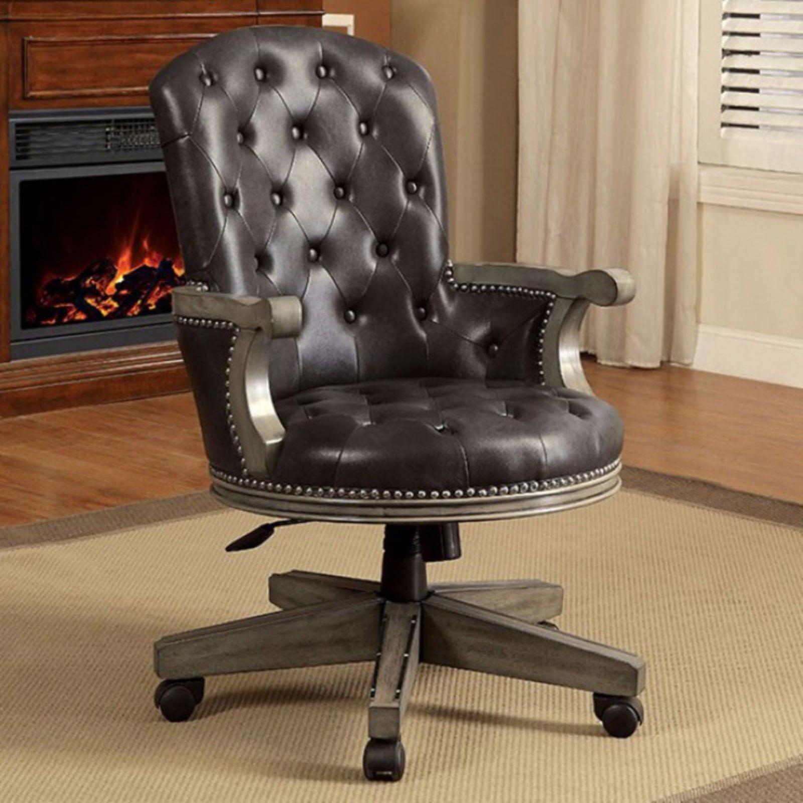 Elegant Black Leather Adjustable Office Chair with Wood Accents