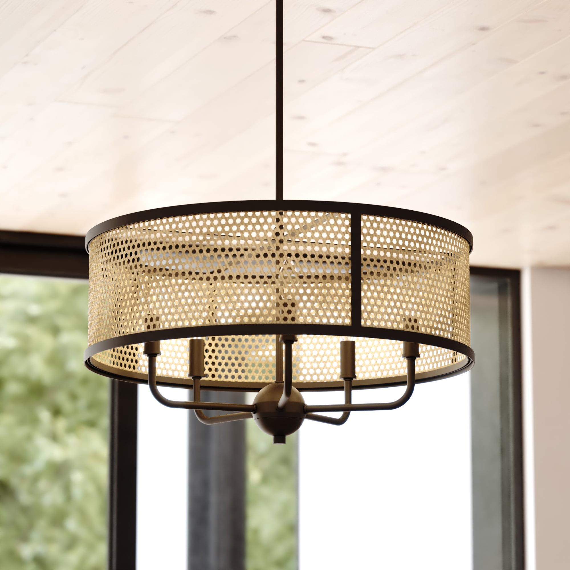 Matte Black and Rattan Drum Pendant Light Fixture