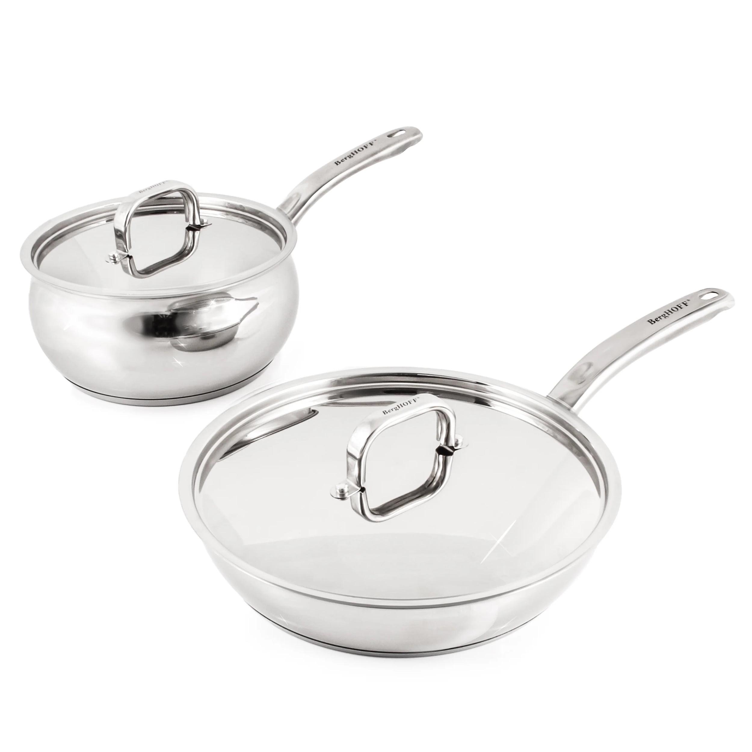 BergHOFF Belly Shape 3Pc 18/10 Stainless Steel Skillet and Sauce Pan Set with Metal Lids