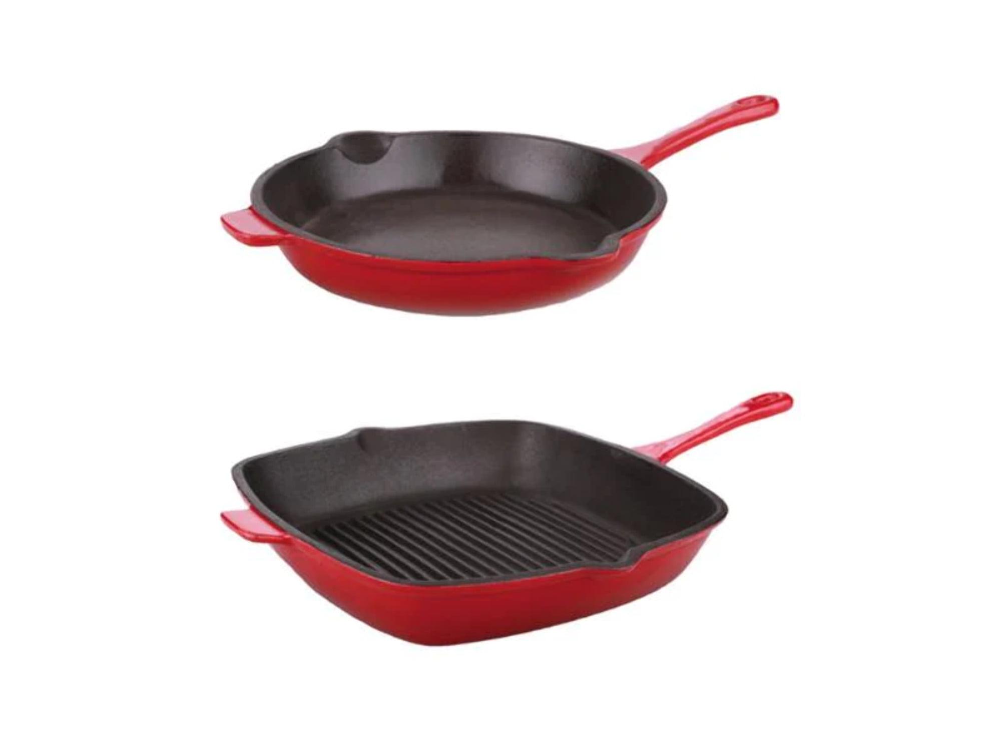 BergHOFF Neo 2pc Cast Iron Set, 10" Fry Pan & 11" Grill Pan, Red