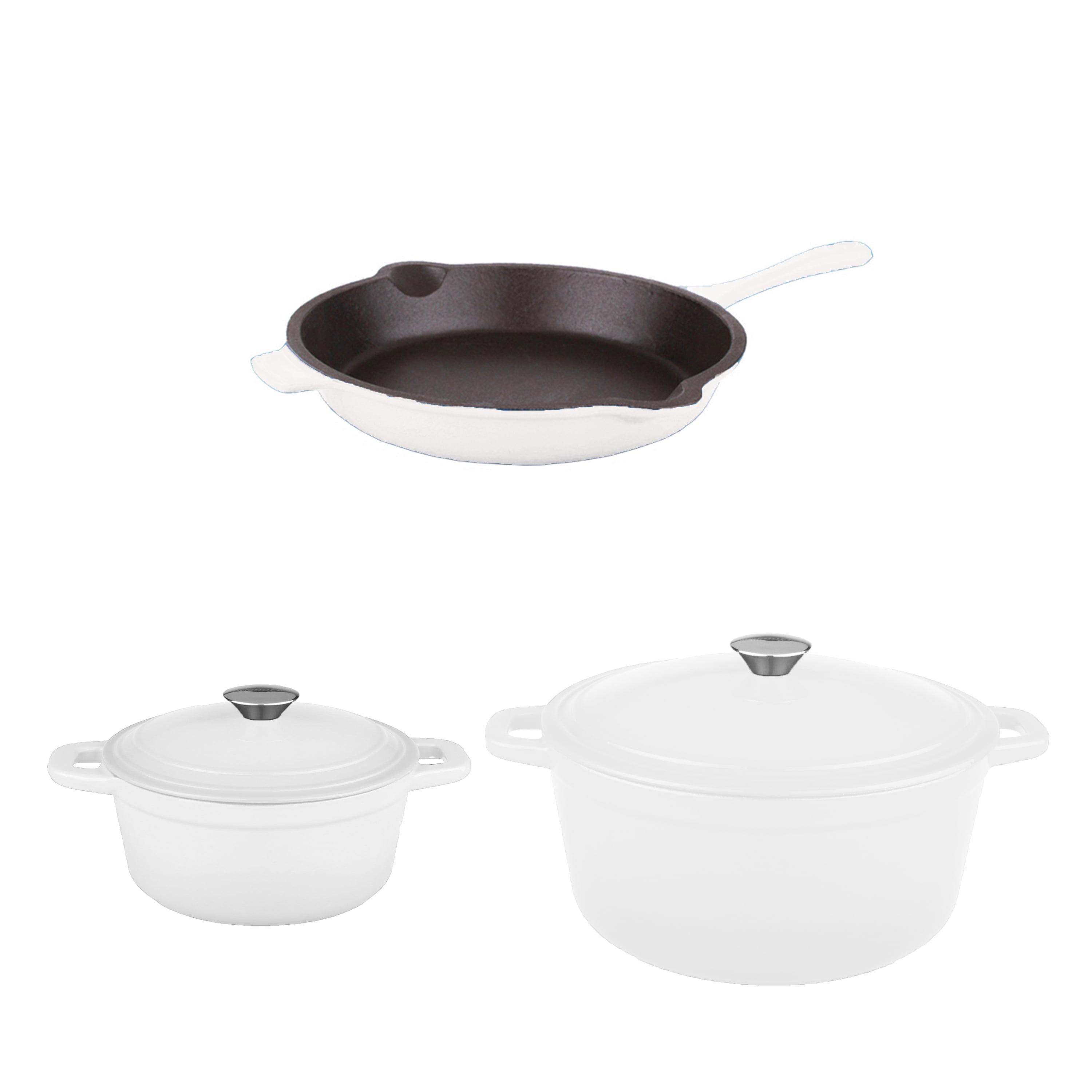 BergHOFF Neo 5Pc Cast Iron Cookware Set, 3Qt Covered Dutch Oven, 5Qt Covered Stock Pot, & 10" Fry Pan, White