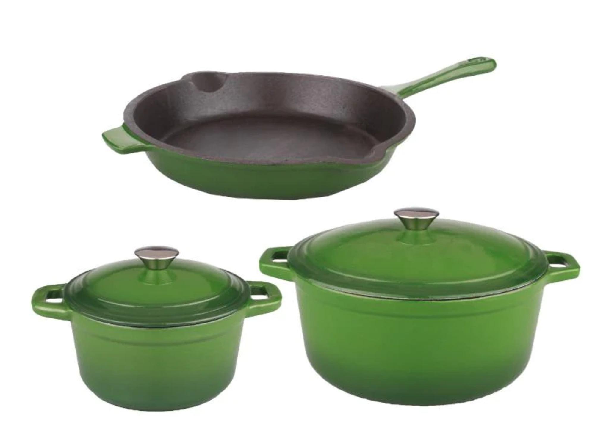 BergHOFF Neo 5Pc Cast Iron Set, 3Qt Covered Dutch Oven, 5Qt Covered Stock Pot, & 10" Fry Pan, Green