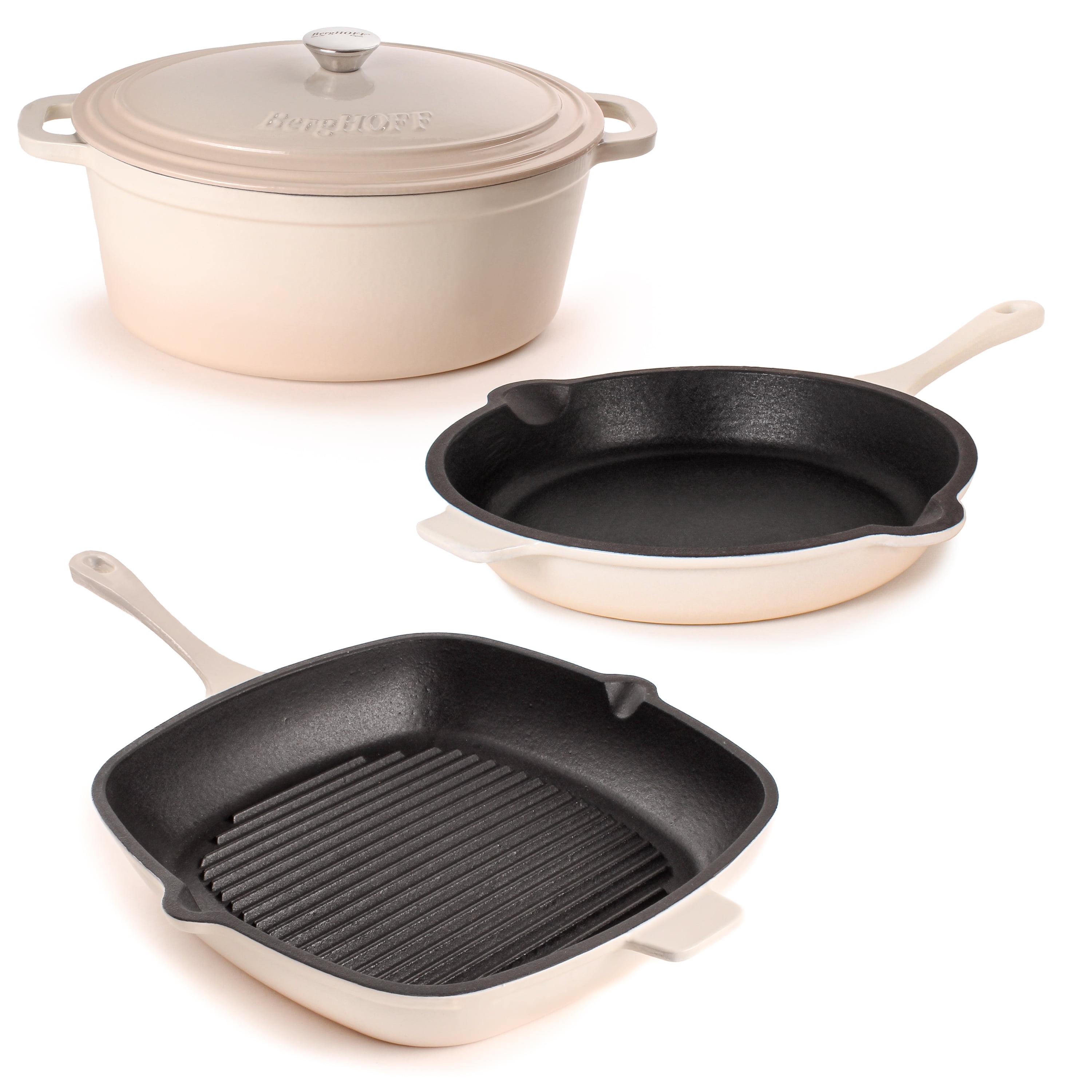 BergHOFF Neo Cast Iron 4Pc Set, Fry Pan 10", Square Grill Pan 11", & 5qt. Covered Dutch Oven, Meringue