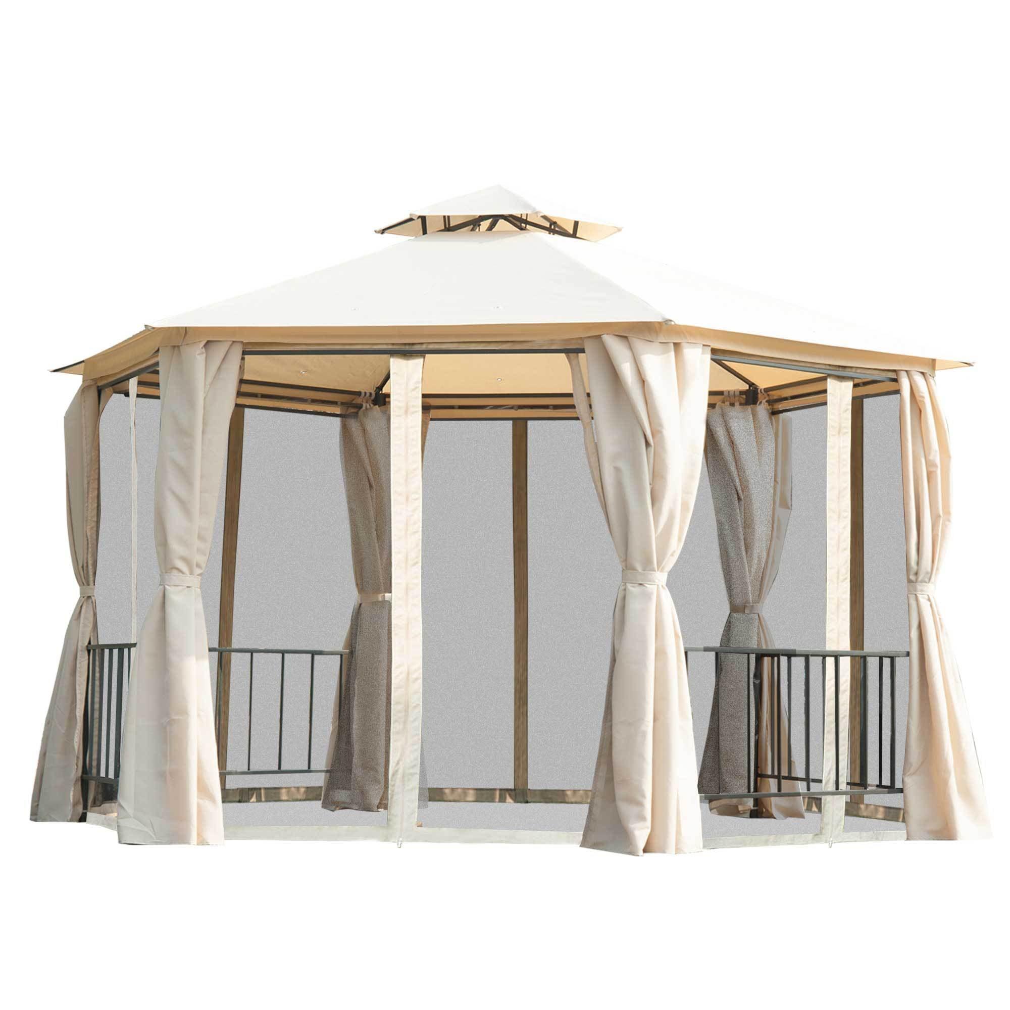 Beige Hexagonal Steel Patio Gazebo with Netting and Curtains