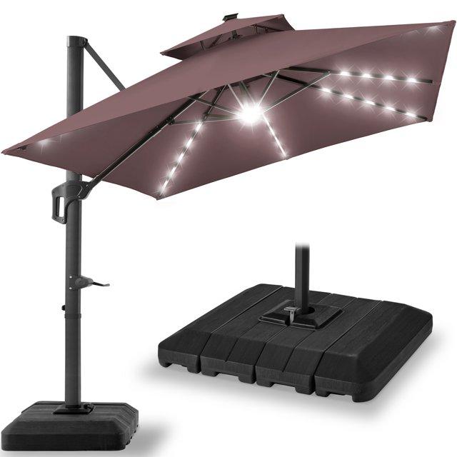 Best Choice Products 10x10ft 2-Tier Square Outdoor Solar LED Cantilever Patio Umbrella w/ Base Included- Deep Taupe