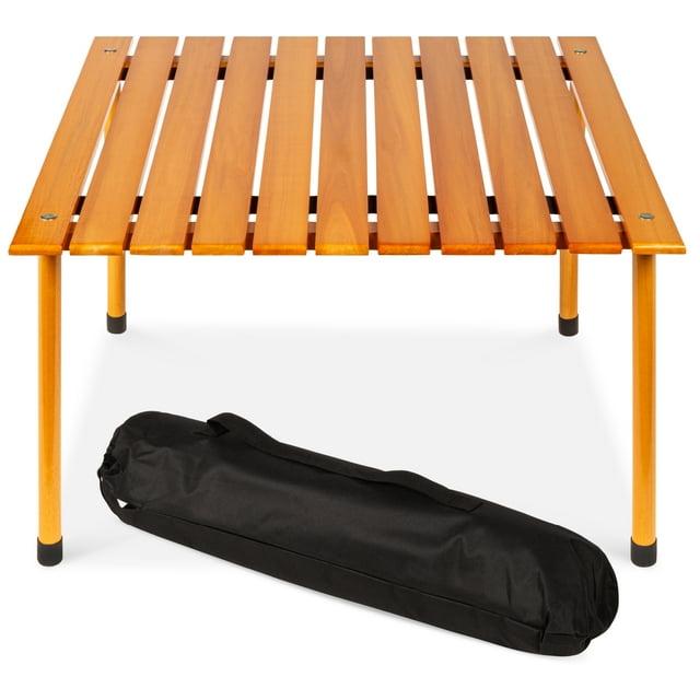 KIBNOF Best Choice Products 28x28in Foldable Indoor Outdoor All-Purpose Portable Wooden Table for Picnics, Camping, Beach, Tailgating, Patio, Kitchen, Living Room w/Carrying Case - Brown