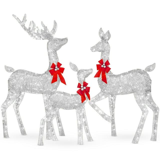 Best Choice Products 3-Piece Deer Set, Lighted Christmas Outdoor Decoration w/ 360 Lights, Stakes - Silver