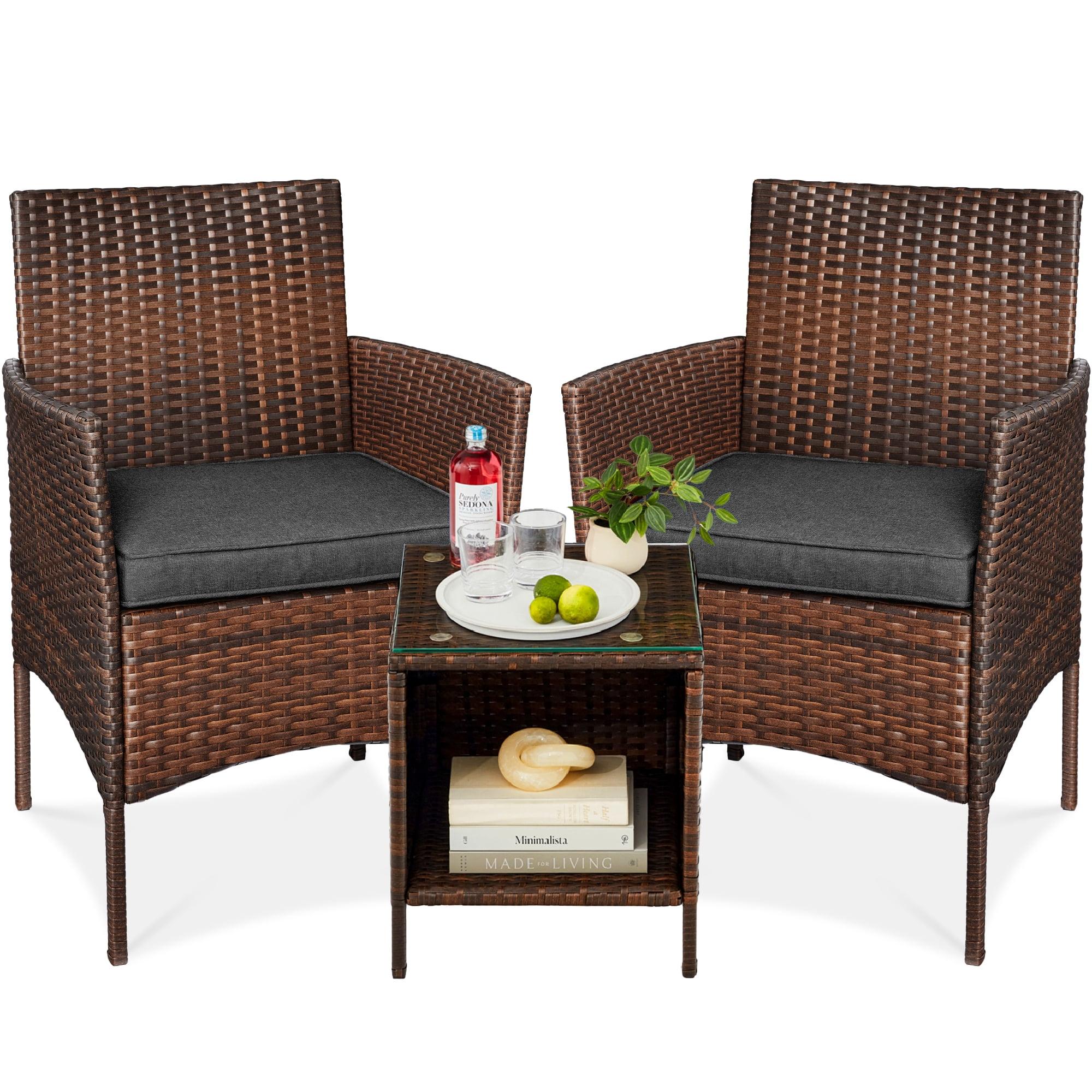 Best Choice Products 3-Piece Outdoor Wicker Conversation Patio Bistro Set, w/ 2 Chairs, Table - Brown/Stone Gray