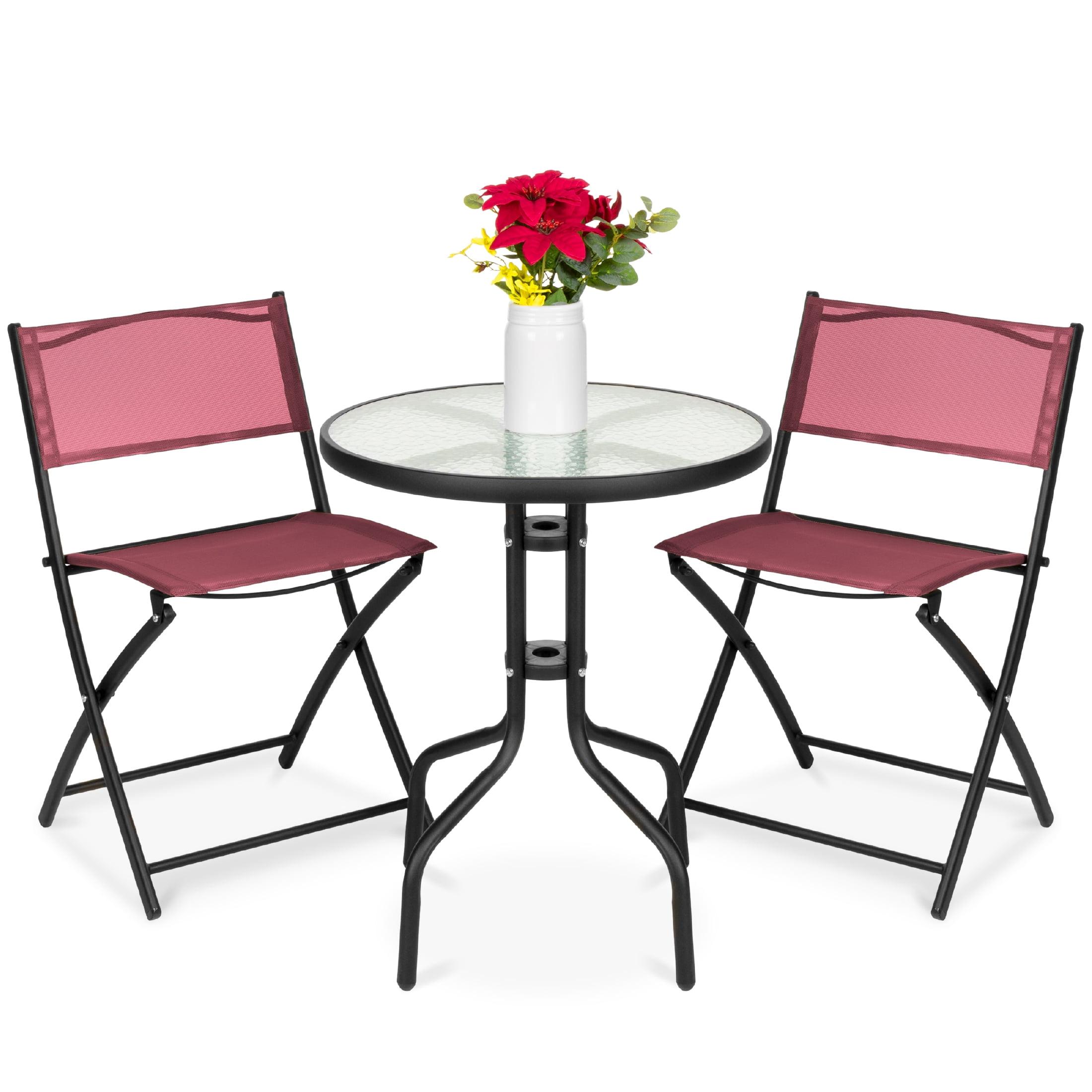 Best Choice Products 3-Piece Patio Bistro Dining Furniture Set w/ Glass Tabletop, Folding Chairs - Burgundy