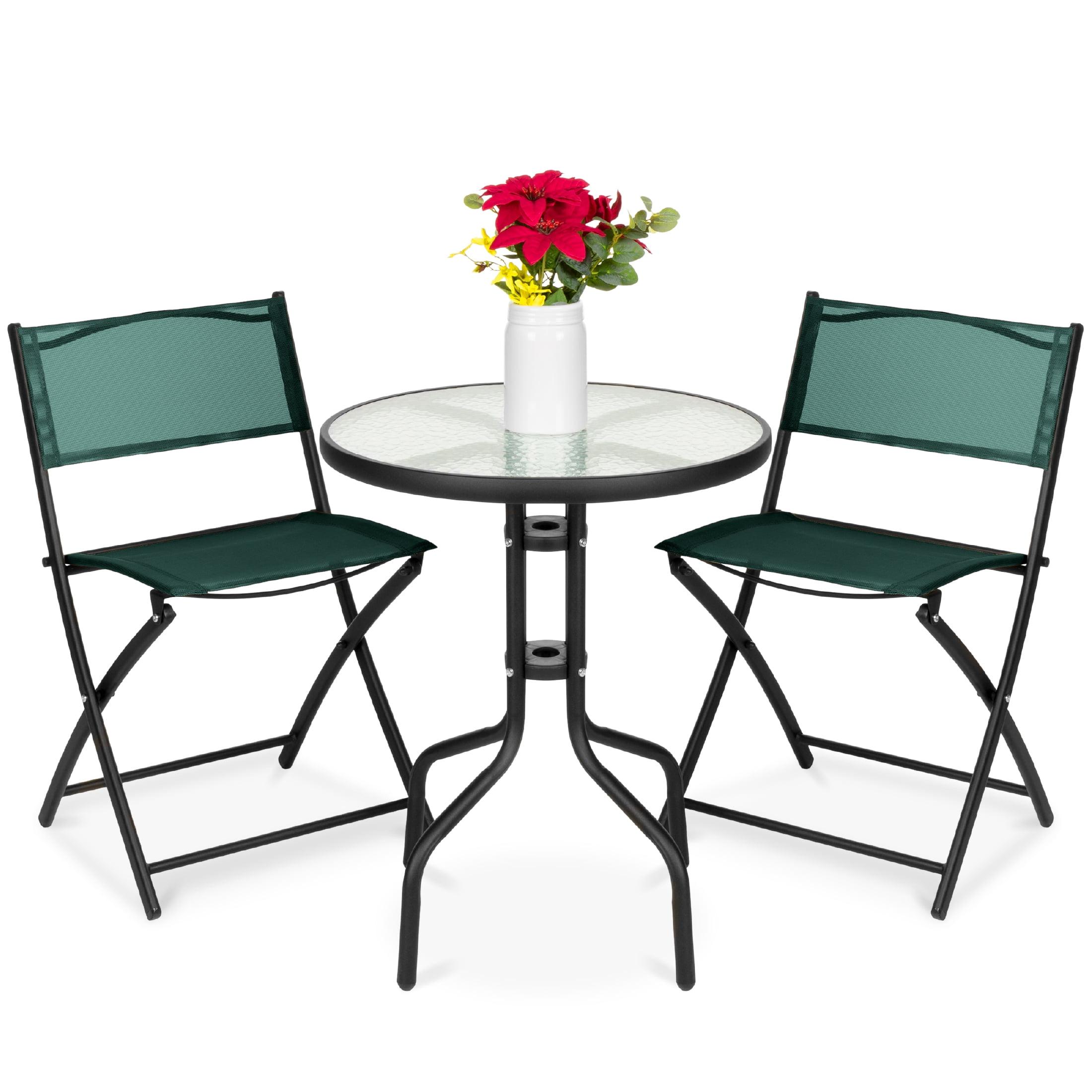 Best Choice Products 3-Piece Patio Bistro Dining Furniture Set w/ Glass Tabletop, Folding Chairs - Dark Green