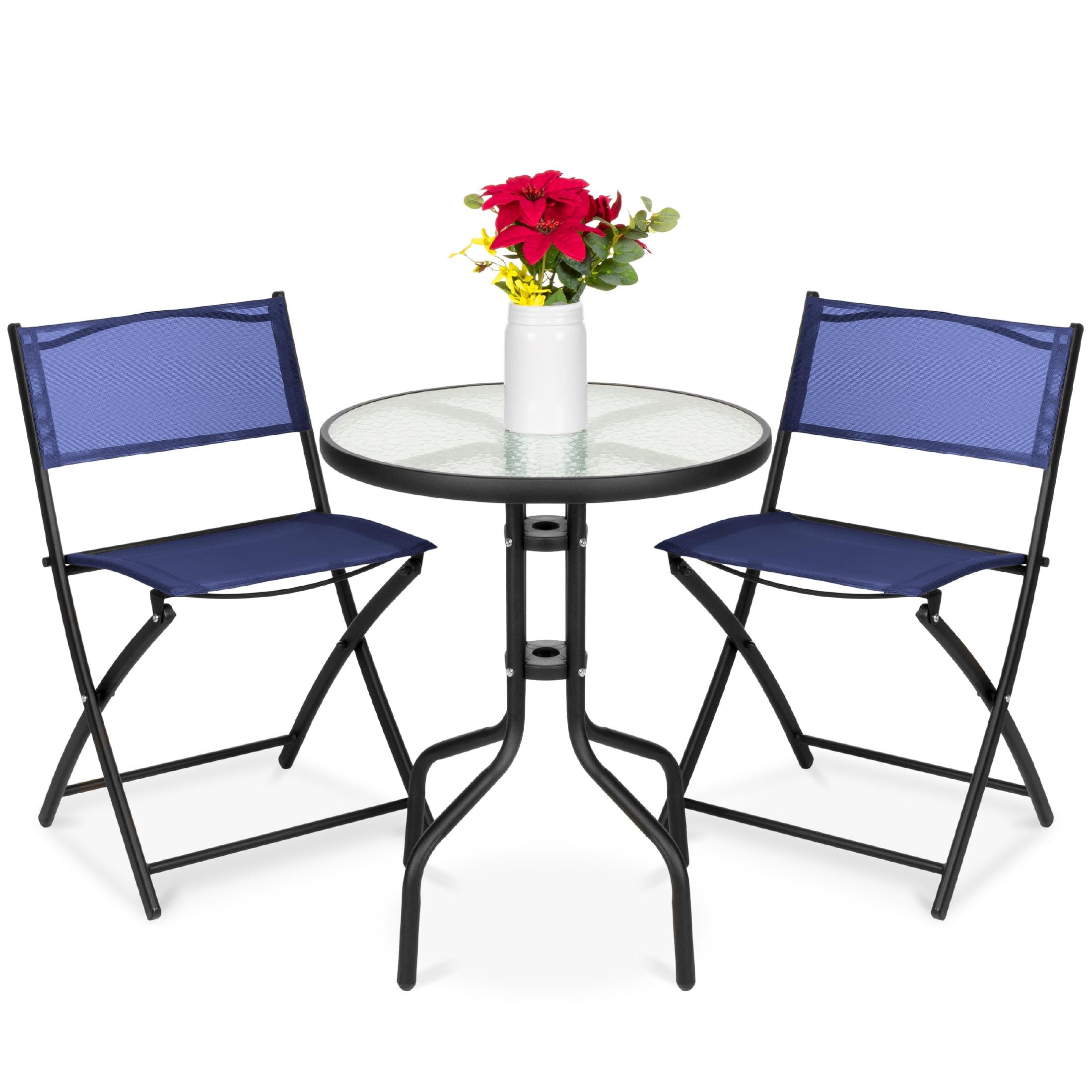 George Oliver 3-Piece Patio Bistro Dining Furniture Set W/ Glass Tabletop, Folding Chairs