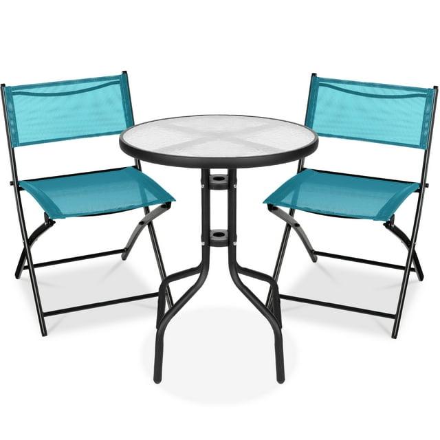 George Oliver 3-Piece Patio Bistro Dining Furniture Set W/ Glass Tabletop, Folding Chairs