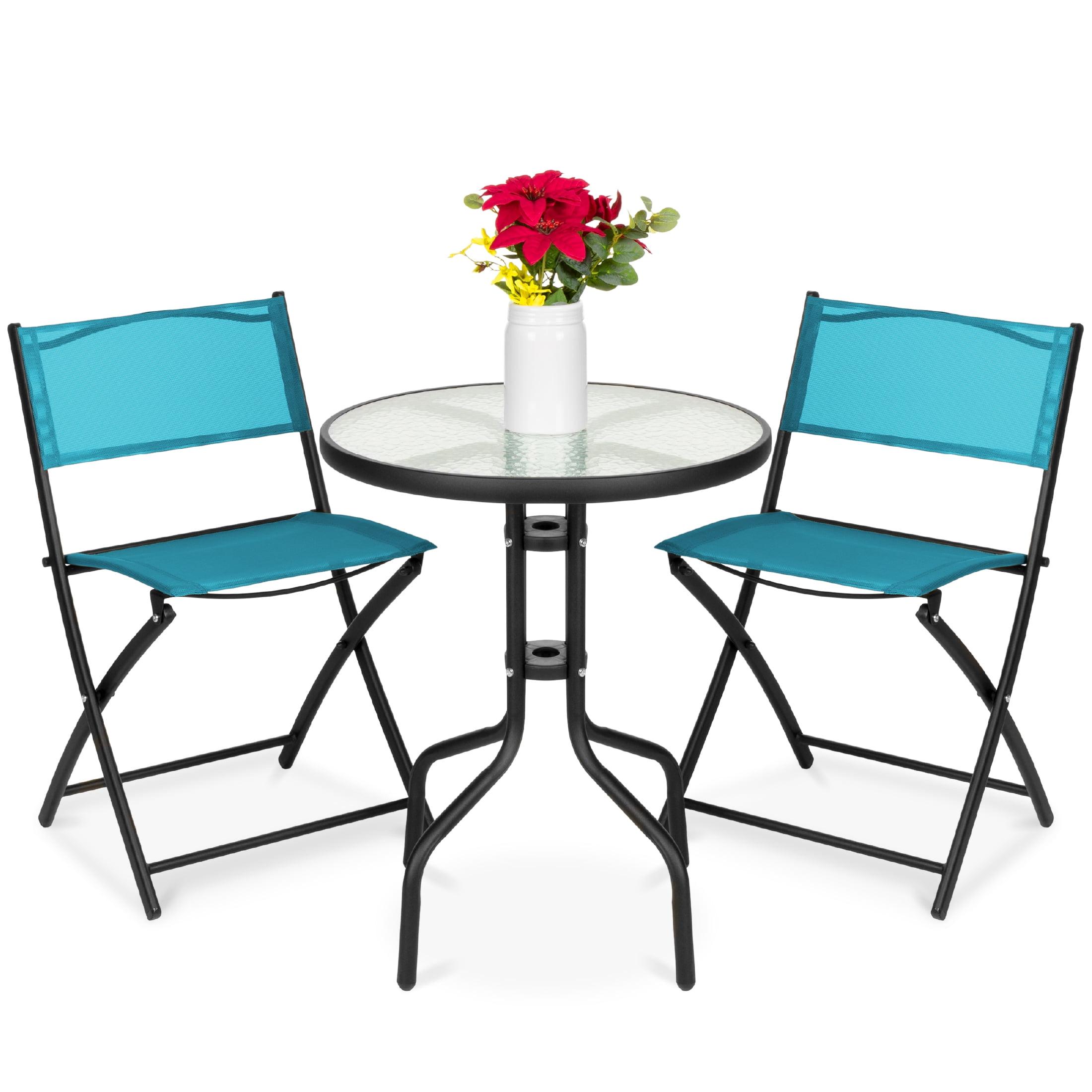 George Oliver 3-Piece Patio Bistro Dining Furniture Set W/ Glass Tabletop, Folding Chairs