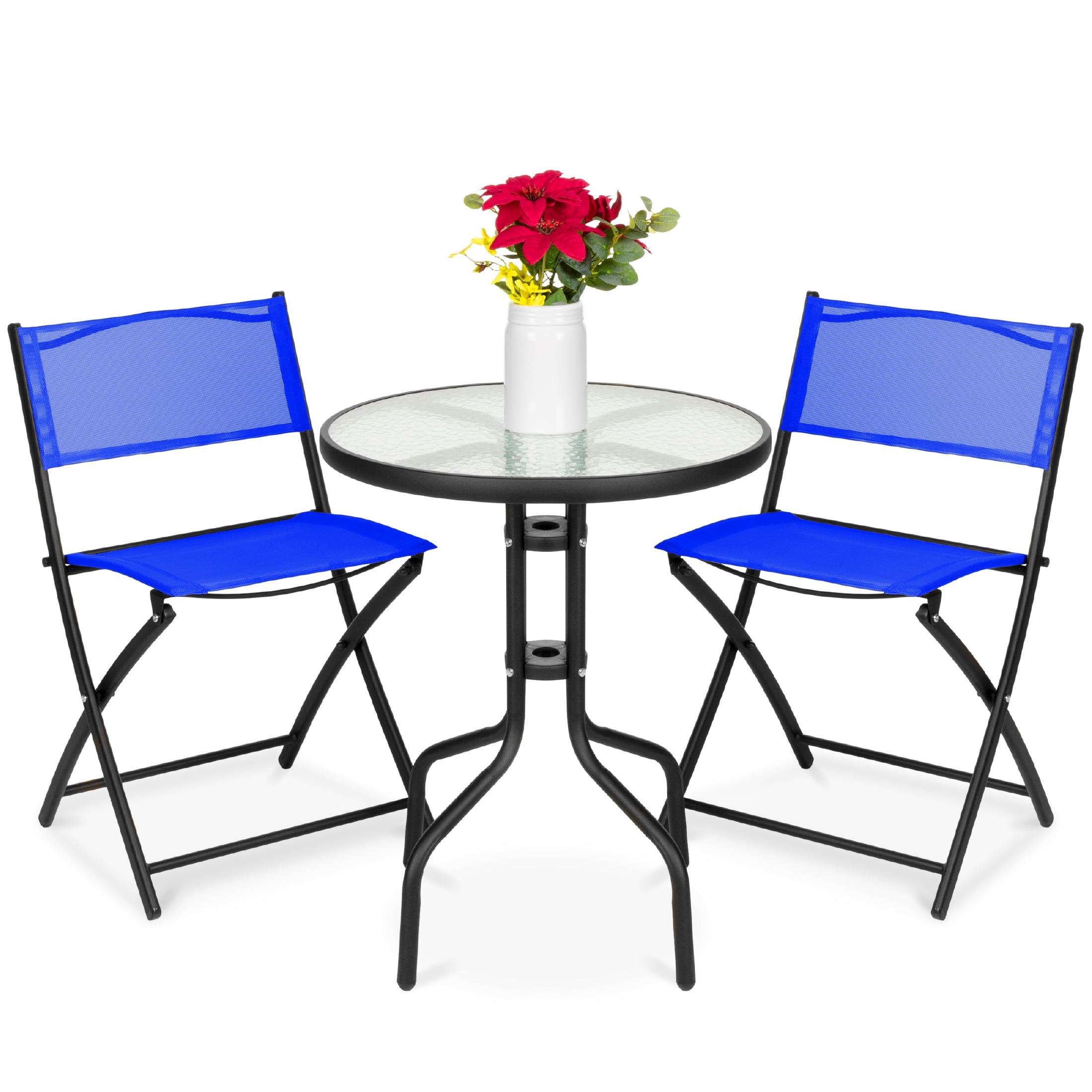 George Oliver 3-Piece Patio Bistro Dining Furniture Set W/ Glass Tabletop, Folding Chairs