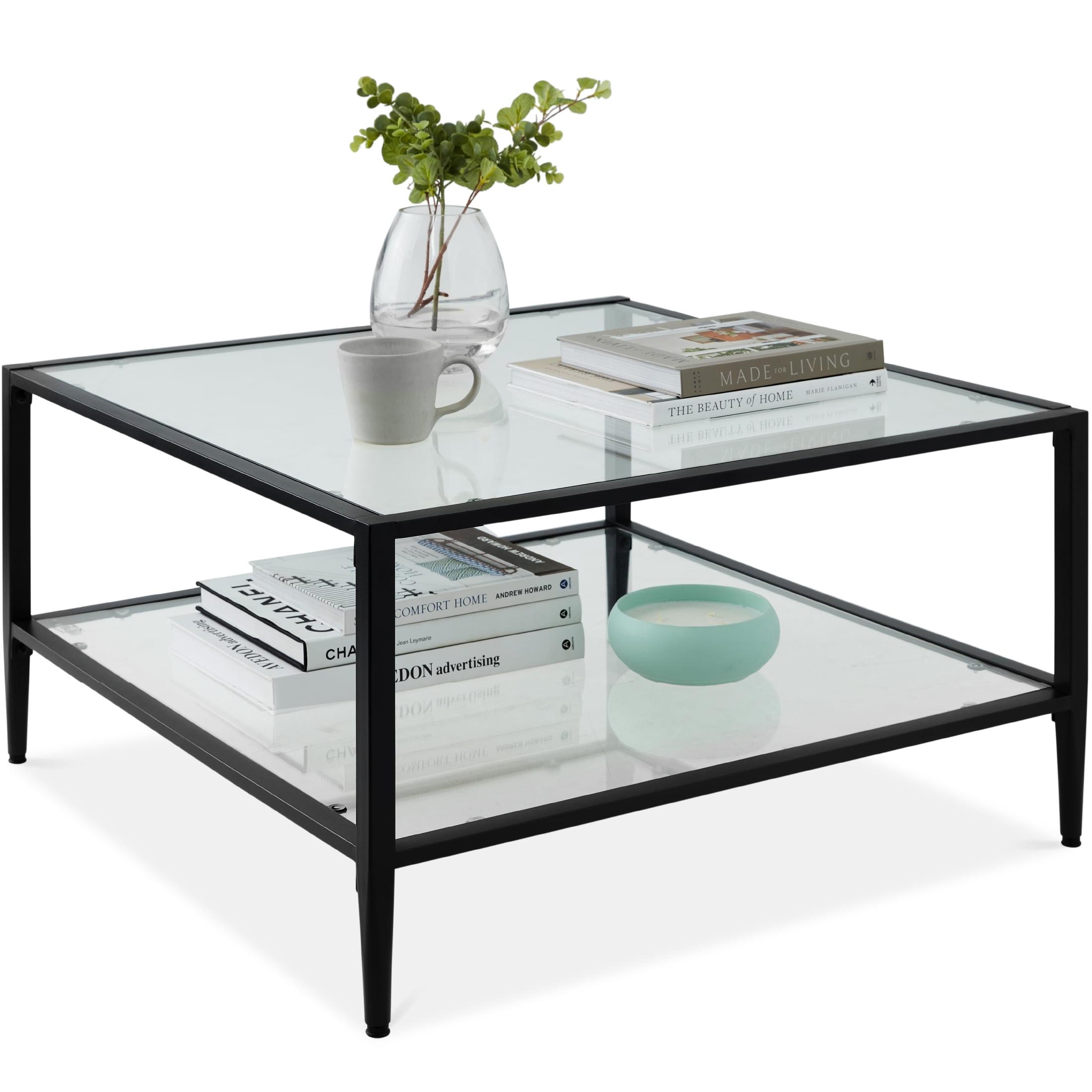 Black Square Metal and Glass 2-Tier Coffee Table