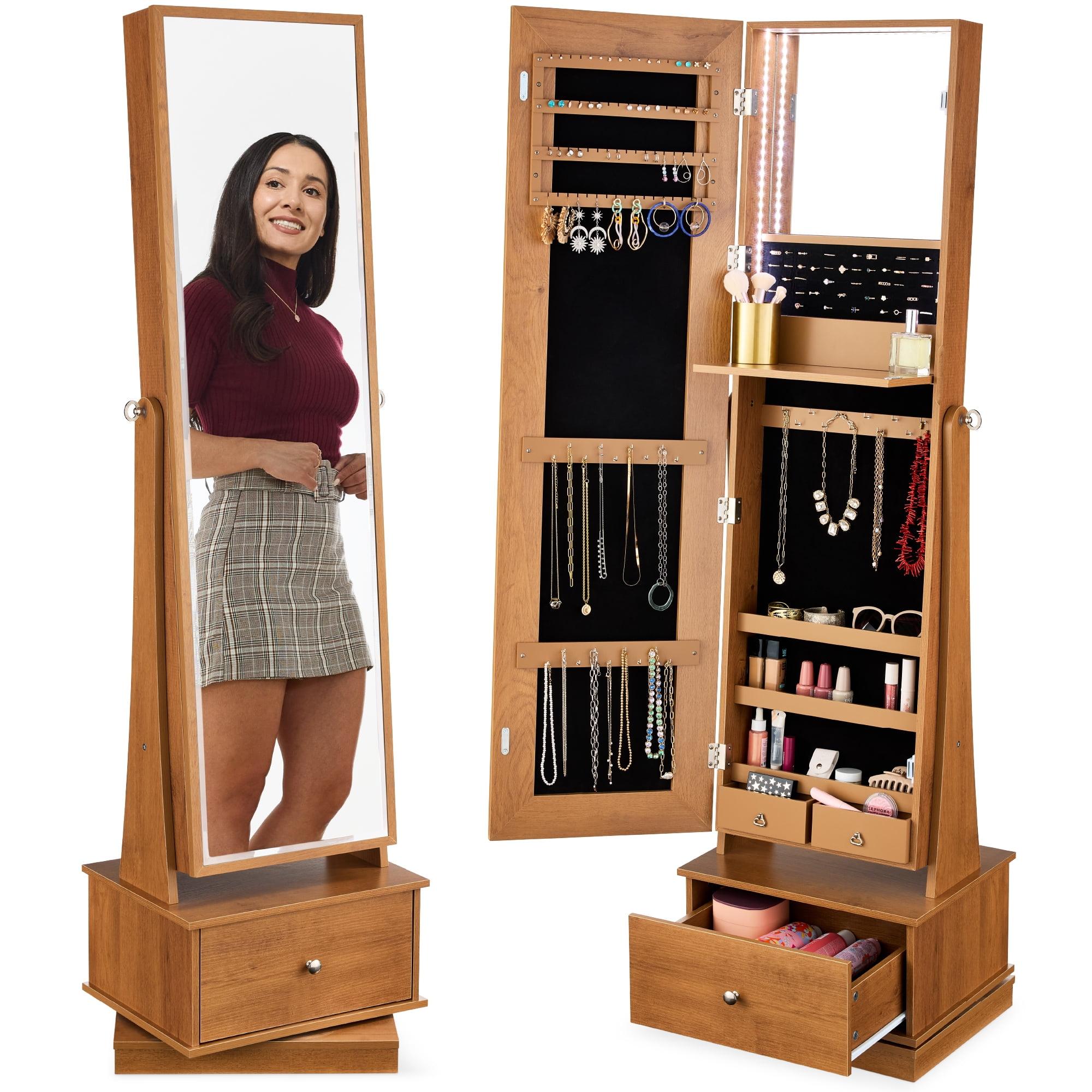 Best Choice Products 360 Swivel Standing Mirrored Jewelry Cabinet, LED-Lit Makeup Organizer w/ Mirror - Rustic Brown