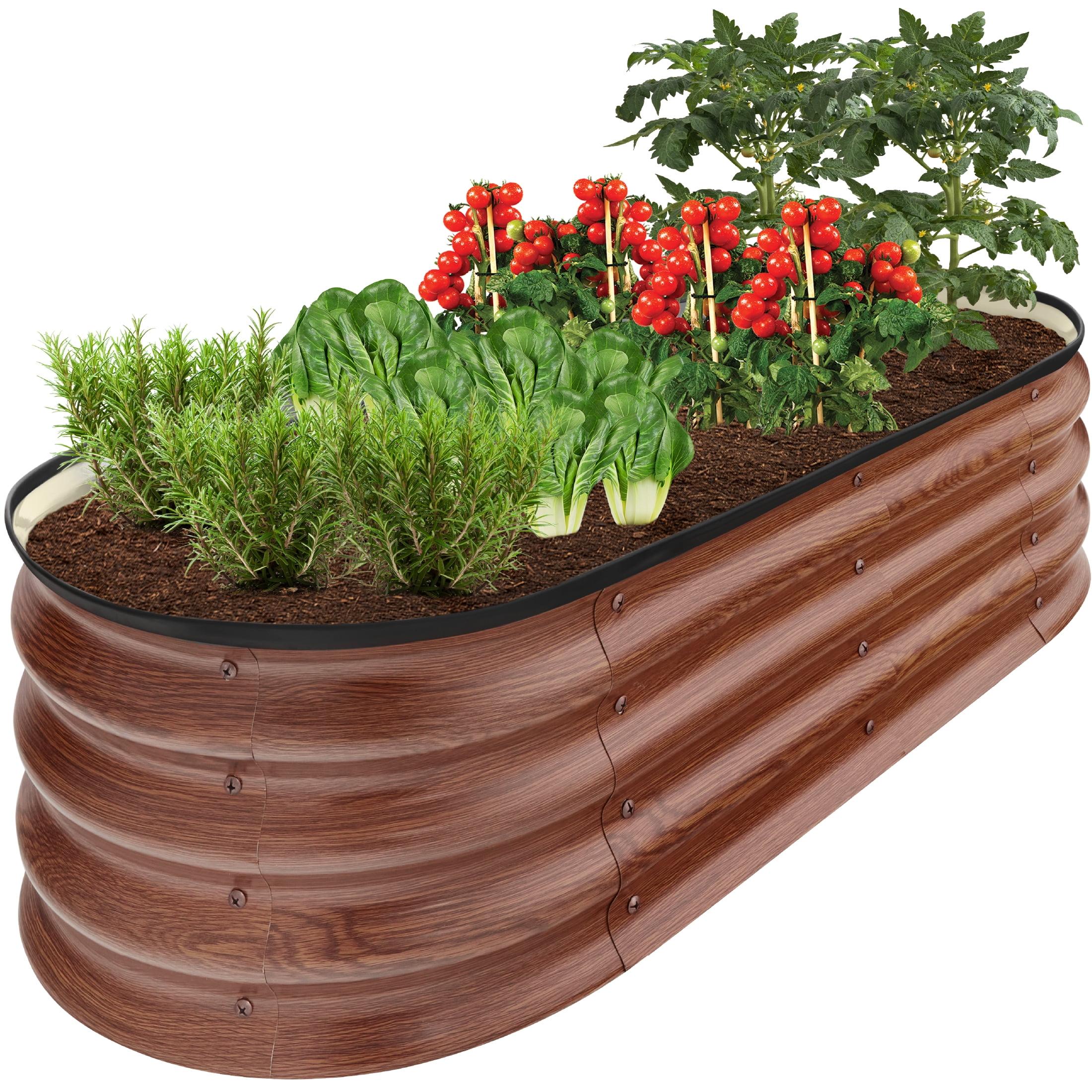 Wood Grain Oval Metal Raised Garden Bed for Vegetables and Herbs