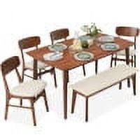 Best Choice Products 6-Piece Mid-Century Modern Upholstered Wooden Dining Set w/ 4 Chairs, Bench - Walnut/Cream