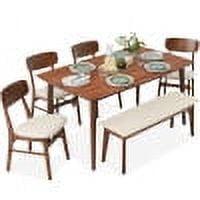 Best Choice Products 6-Piece Mid-Century Modern Upholstered Wooden Dining Set w/ 4 Chairs, Bench - Walnut/Cream