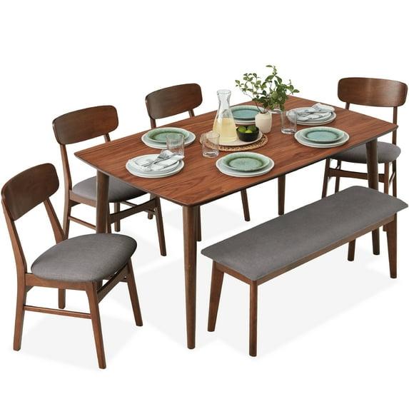 George Oliver 6-Piece Mid-Century Modern Upholstered Wooden Dining Set W/ 4 Chairs, Bench - Walnut/Gray