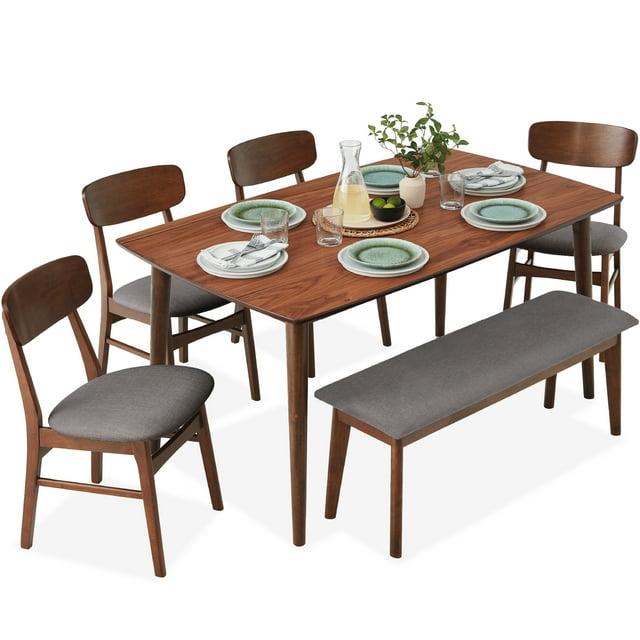 George Oliver 6-Piece Mid-Century Modern Upholstered Wooden Dining Set W/ 4 Chairs, Bench - Walnut/Gray