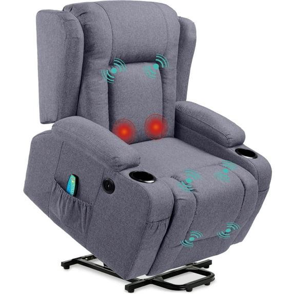 Hokku Designs Modern Linen Electric Power Lift Chair, Recliner Massage Chair, Adjustable Furniture for Back, USB Port, Heat, Cupholders | Wayfair