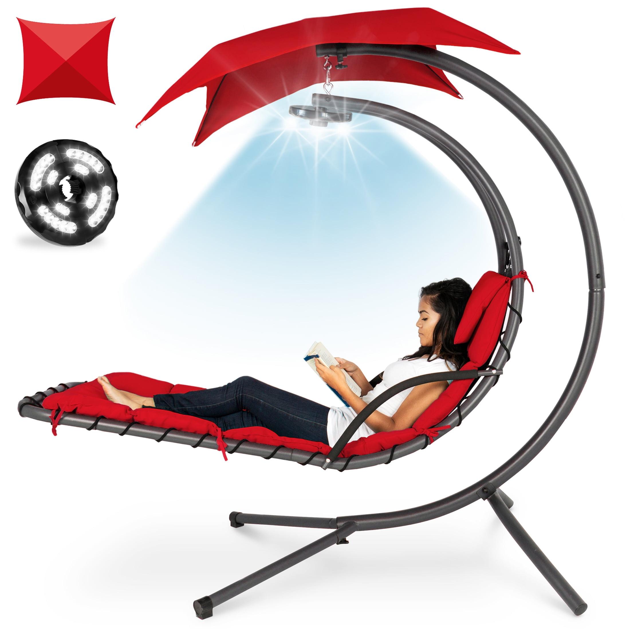 Best Choice Products Hanging LED-Lit Curved Chaise Lounge Chair for Backyard, Patio w/ Pillow, Canopy, Stand - Red