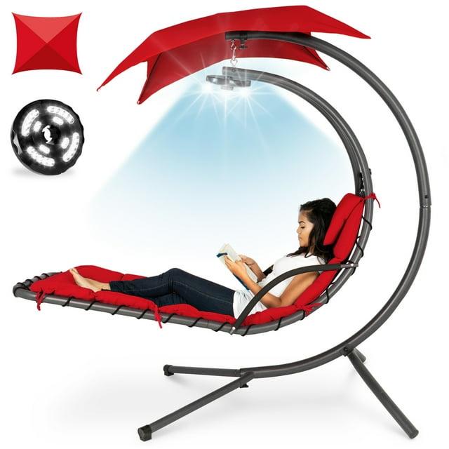 Best Choice Products Hanging LED-Lit Curved Chaise Lounge Chair for Backyard, Patio w/ Pillow, Canopy, Stand - Red
