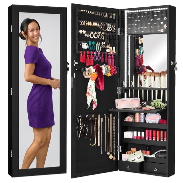 Best Choice Products Hanging Mirror Jewelry Armoire, Door or Wall Mounted Cabinet w/ LED Lights, Lock - Black