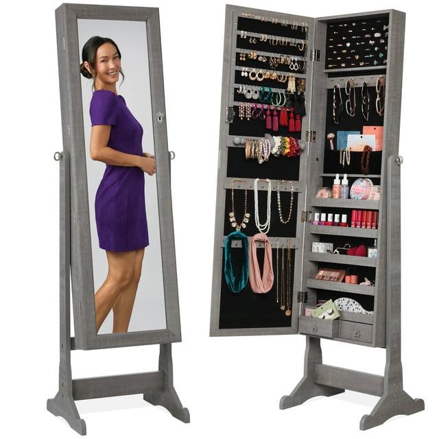 Best Choice Products Jewelry Armoire Cabinet, Full Length Mirror w/ Velvet Storage Interior, Lock - Gray Oak