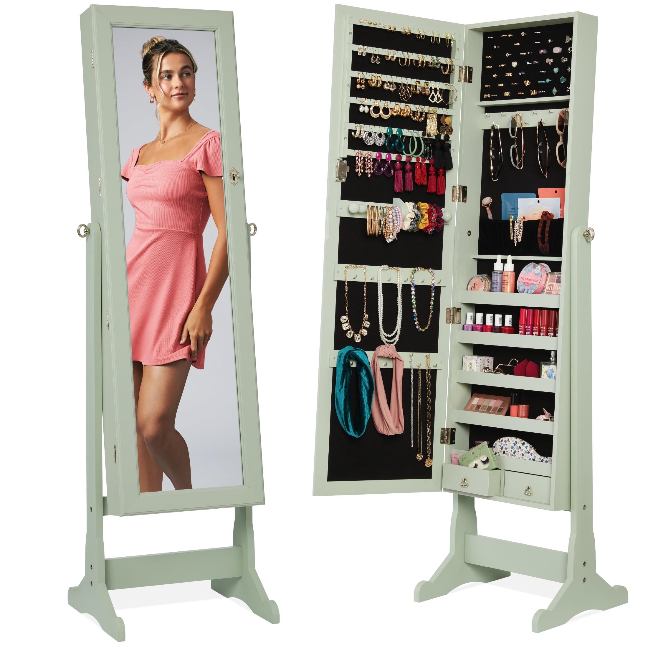 Best Choice Products Jewelry Armoire Cabinet, Full Length Mirror w/ Velvet Storage Interior, Lock - Sage
