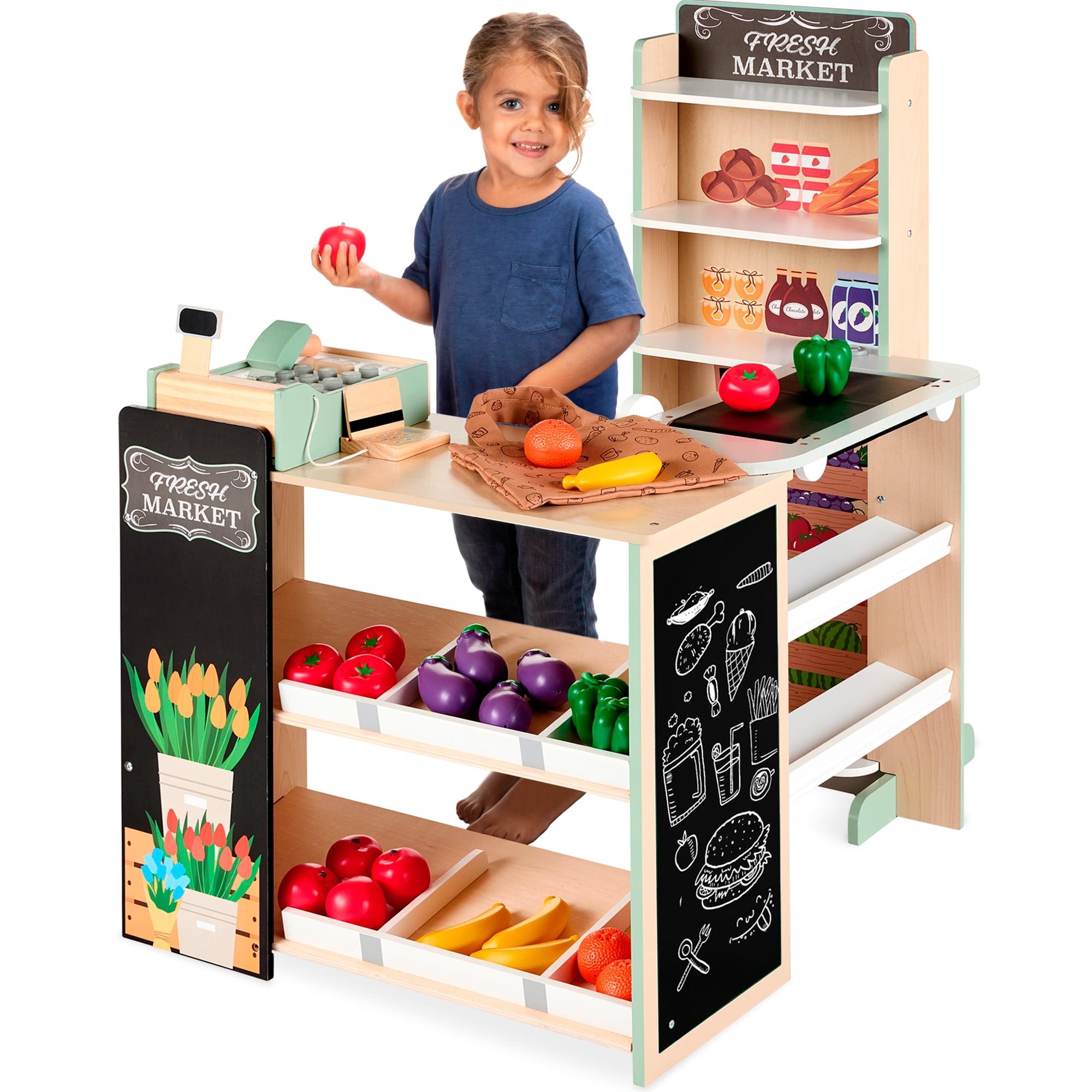 Best Choice Products Kids Pretend Play Grocery Store Wooden Supermarket Set w/ Chalkboard, Cash Register - Natural