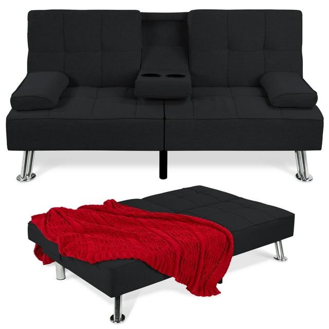 Best Choice Products Modern Linen Convertible Futon Sofa Bed w/ Removable Armrests, Metal Legs, Cupholders - Black