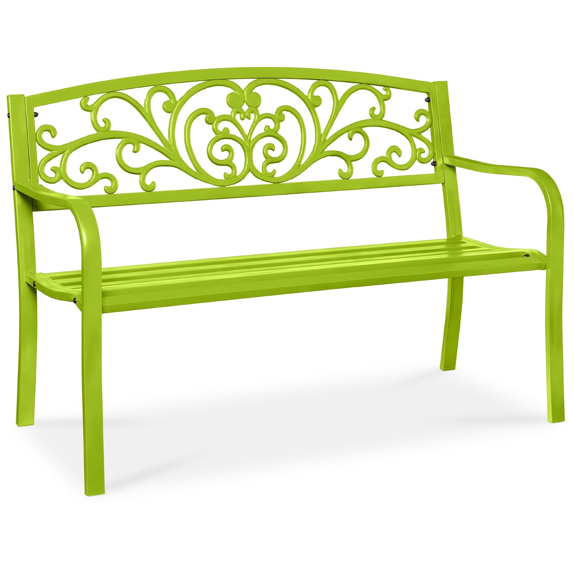 World Menagerie Outdoor Steel Bench with Floral Backrest & Slatted Seat, Marigold for Garden, Patio, Porch, Lawn, and Deck