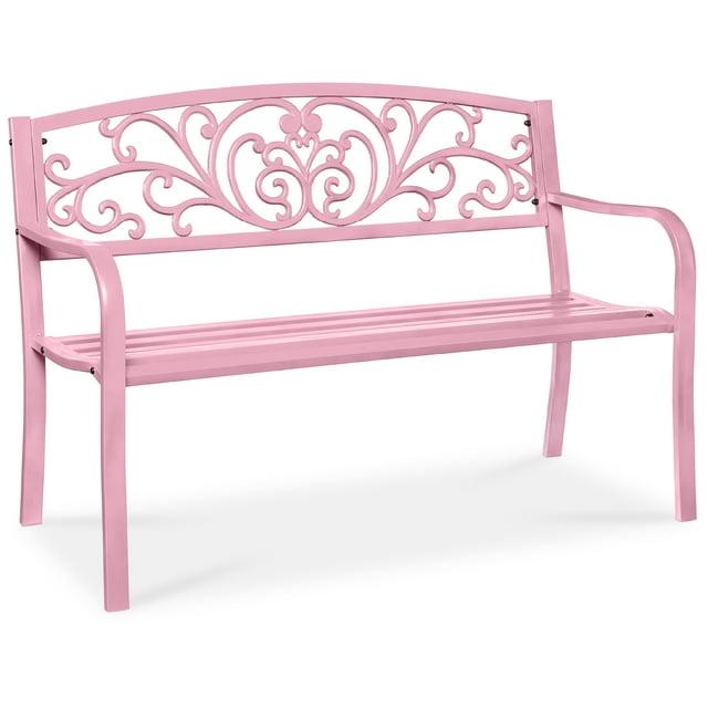 World Menagerie Outdoor Steel Bench with Floral Backrest & Slatted Seat, Marigold for Garden, Patio, Porch, Lawn, and Deck