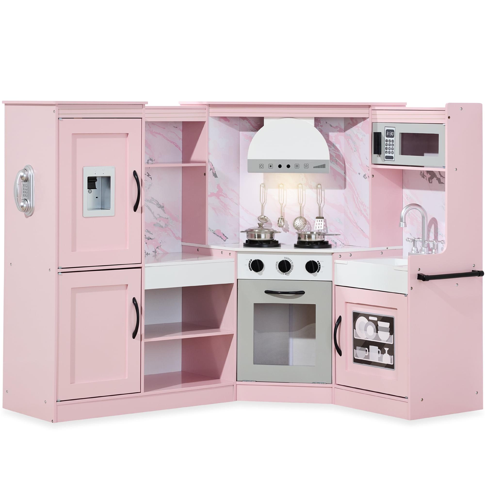 Best Choice Products Pretend Play Corner Kitchen, Interactive Wooden Kids Set w/ Lights & Sounds - Pink