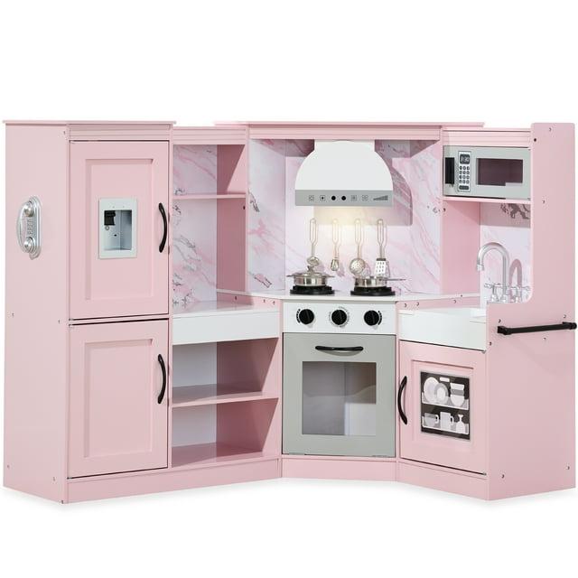 Best Choice Products Pretend Play Corner Kitchen, Interactive Wooden Kids Set w/ Lights & Sounds - Pink