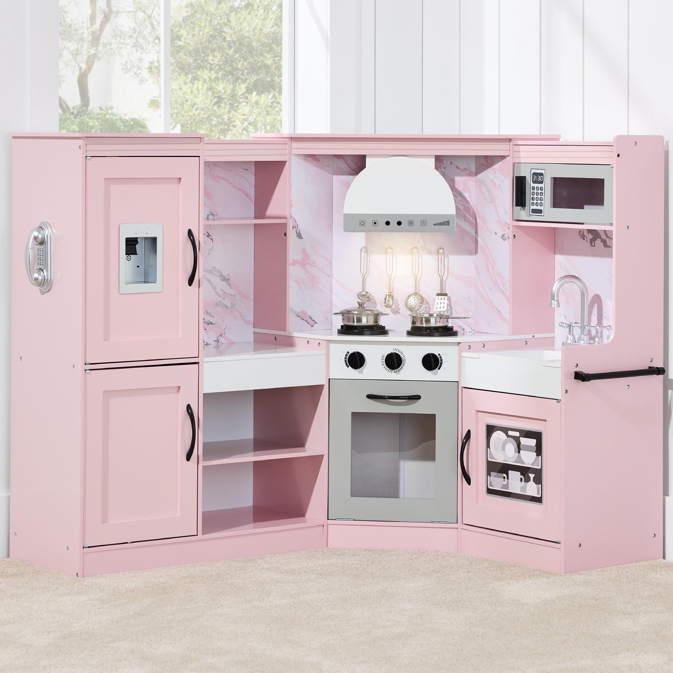 Best Choice Products Pretend Play Corner Kitchen, Interactive Wooden Kids Set w/ Lights & Sounds - Pink